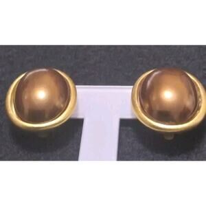 Carolee Earrings Vintage Clip-on Bronze Color Oval Goldtone Bezel Set Signed